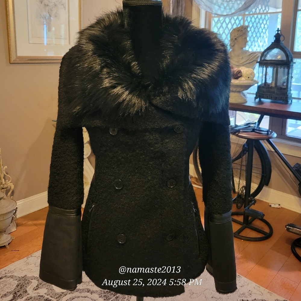 Bebe Faux Fur Collar Jacket Faux Wool Faux Suede Winter Designer Celebrity #59